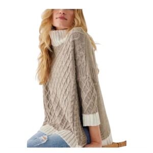 Mersea Women OS Taupe White Cable Knit Mock Neck Oversized Sweater